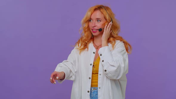Redhead Girl Businesswoman Communicate Talking on Headphones Call Center Chat Customer Service