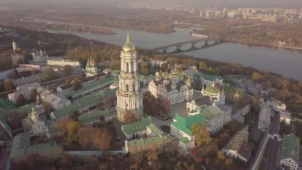 Aerial Kyiv Pechersk Lavra churches and monastery on hills of Dnipro river Ukraine