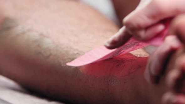 Waxing Procedure  the Master Depilating Hairy Man's Leg with a Waxing Strip