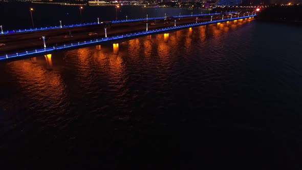 Aerial View of the Bridge in the Modern City Panoramic View of the Bridge with Illumination