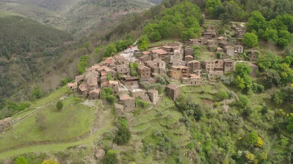 Aerial drone view of Talasnal xisto schist shale village in Lousa, Portugal