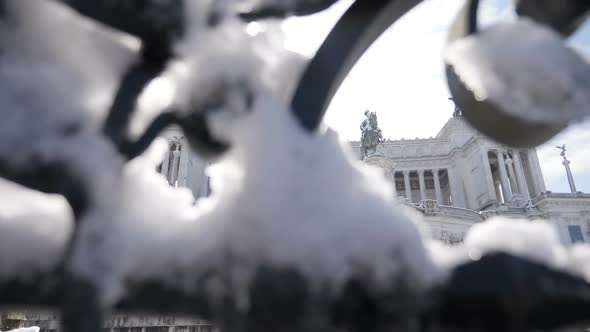 Hide view of Vittoriano covered with snow- Rome, Italy