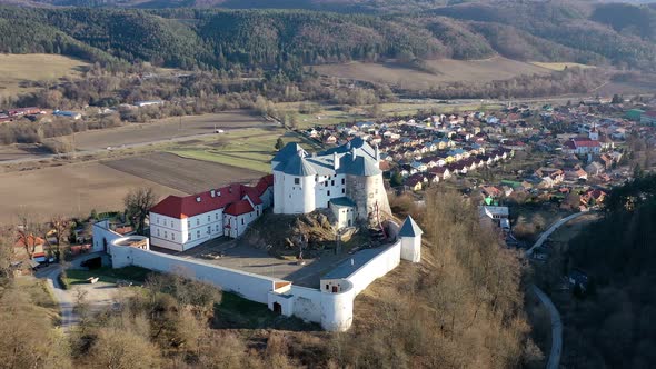 Aerial view of castle in village Slovenska Lupca