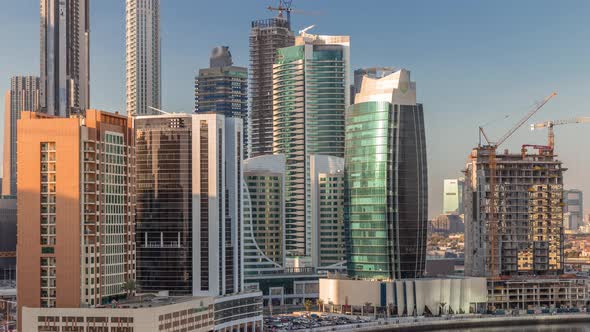 Skyscrapers at Sunny Day in Dubai with Blue Sky Aerial Timelapse