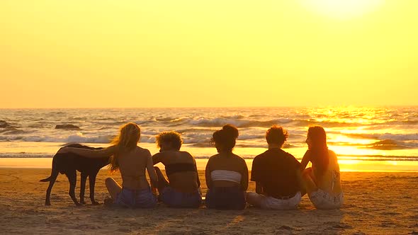 Five Group of Best Friends Drinling Lemonade on the Beach at Sunset and are Clinking Bottles Cheers