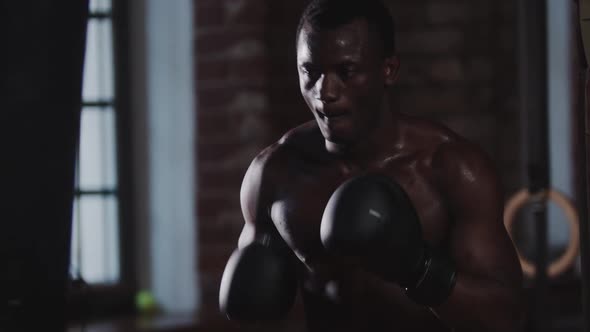 Gym Training  a Black Handsome Young Man Punching the Punching Bag