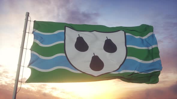 Worcestershire Flag England Waving in the Wind Sky and Sun Background