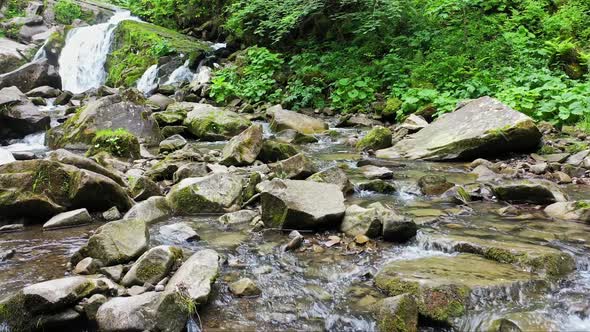 Mountain River Waterfall Flowing Between Rocky Shores in Carpathians Mountains Ukraine