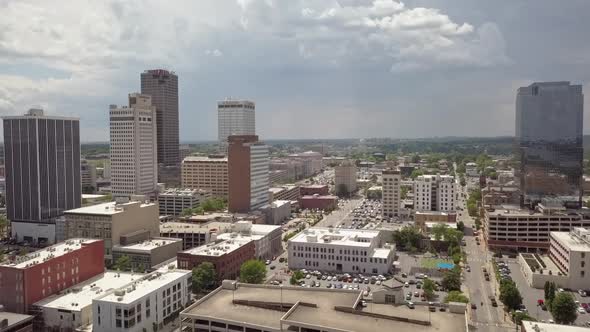 aerial downtown Little Rock, Arkansas. City skyline on a partly cloudy summer day.