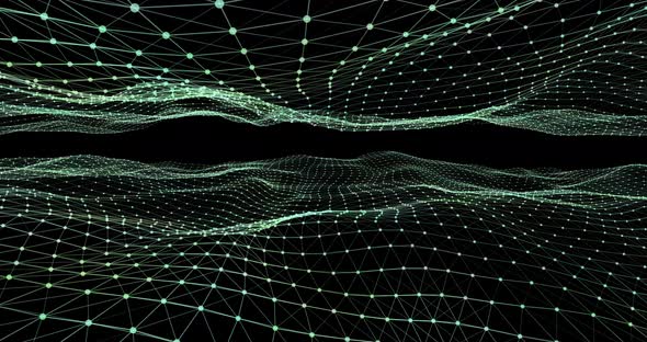 Glowing green mesh waves against black background alt