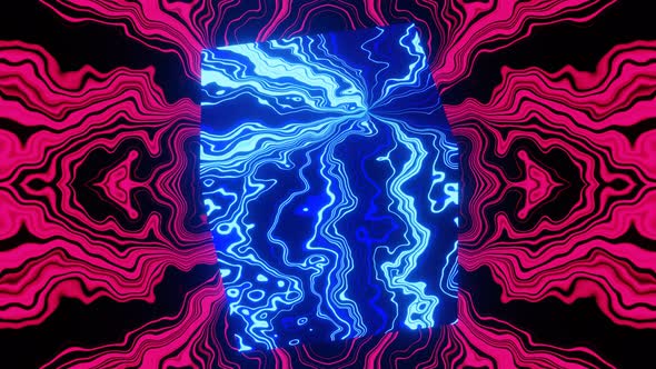 Floating cube with blue pattern on the background of red VJ Loop pattern
