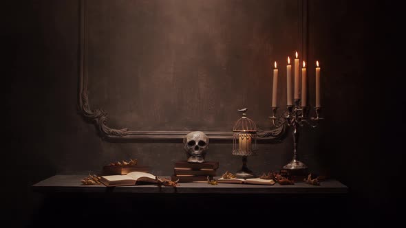 Mystical Halloween still-life background. Skull, candlestick with candles, old fireplace.