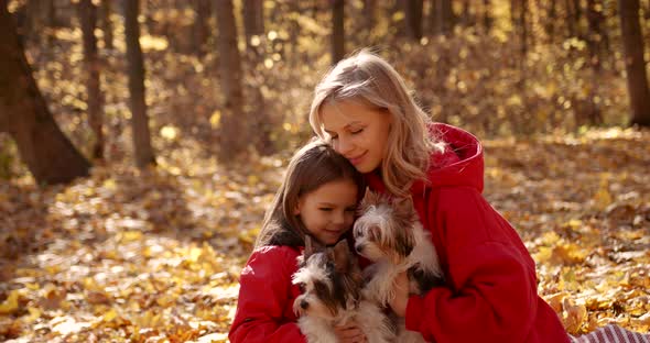 Young Mother and Daughter with Dog on a Picnic