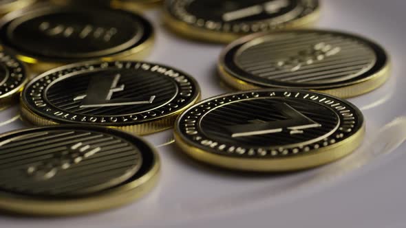 Rotating shot of Litecoin Bitcoins