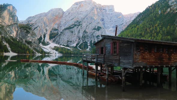 Lake Braies Pragser Wildsee in Dolomites at Sunset, Sudtirol, Italy