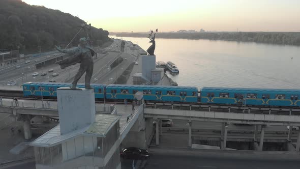 Aerial View of the Metro Bridge. Station Dnipro. Kyiv, Ukraine.