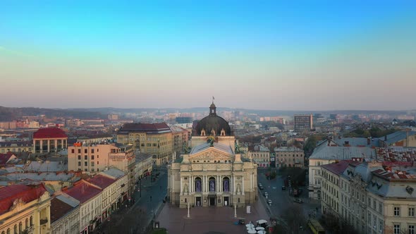 Aerial View of Lviv Opera and Balet Theatre in Lviv Old City Center, Ukraine, Europe