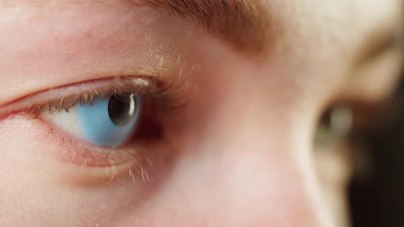 Closeup of Eye Wearing Blue Lens Young Woman in Decorative Lenses