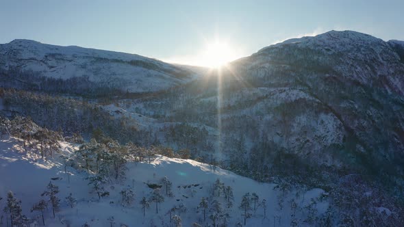 Flying over dense frozen forest with bright sun close to tall mountains -Snow sleet coming sideways