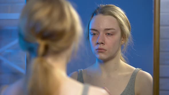 Depressed Young Woman Crying Looking at Mirror Reflection Despair Problems