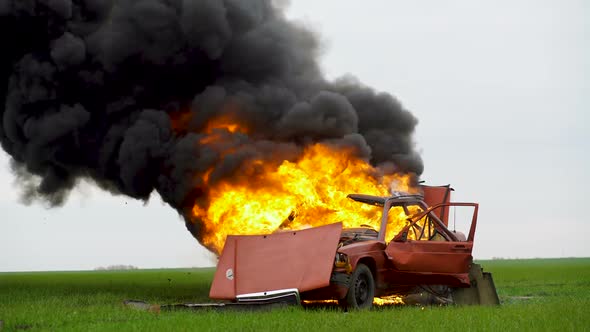 Car On Fire, Burning Car On The Field