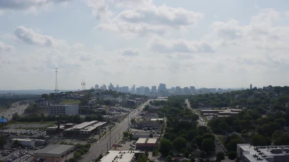 Nashville Tennessee Skyline Aerial through Hills from City West