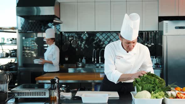 Professional restaurant kitchen, portrait of chefs Men and women Chef's assistant brings ingredients