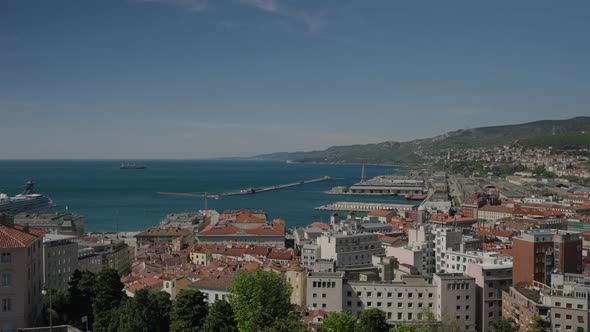 Static view of the port of Trieste with the city behind. Italy. Daylight