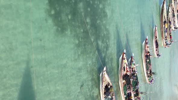 Vertical Video Boats in the Ocean Near the Coast of Zanzibar Tanzania Aerial View