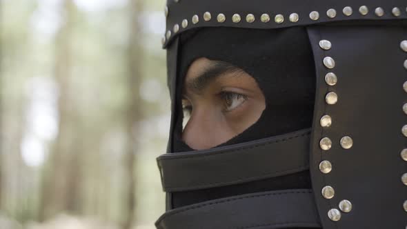 Medieval soldier with a helmet on his head. alt