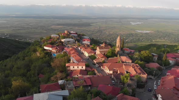 Aerial view of beautiful city of love Sighnaghi. Georgia 2019 spring