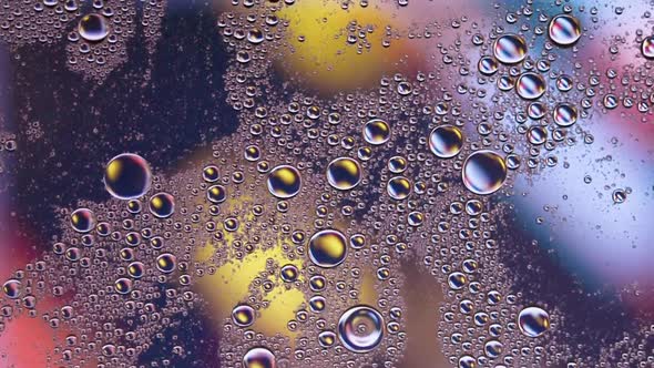 Abstract Colorful Food Oil Drops Bubbles and spheres Flowing on Water Surface