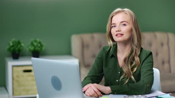 Smiling Beautiful Female Remote Employee at Desk Computer Pc