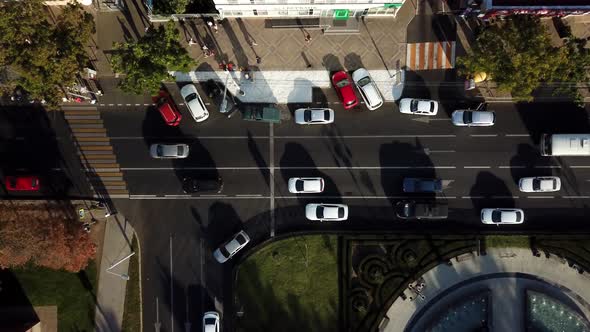 Drone's Eye View: Aerial City Traffic, Top Down View of Freeway Busy City Rush Hour Traffic Jam