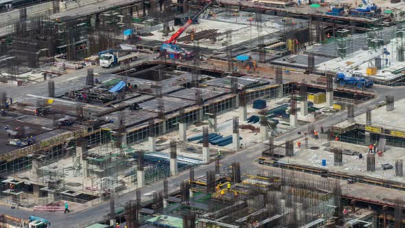 Time Lapse of Construction Site with Heavy Construction Machinery in Metropolis