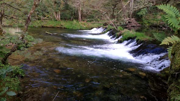 Small waterfall in the dam of the River Sor that runs through the valley of green nature in spring.