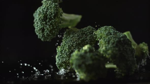 Water droplets on broccoli. Slow Motion. alt