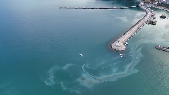 Fishing boat goeas to sea aerial view Turkey Alanya 4 K