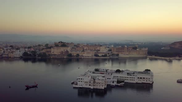 Aerial view Drone 4k of Lake Pichola And City Palace, Udaipur