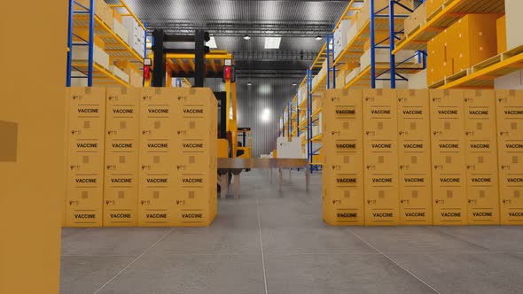 3D rendering.Warehouse with cardboard boxes inside on pallets racks.