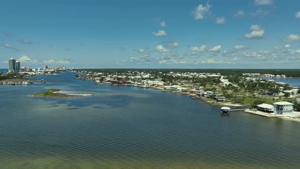 Aerial approach towards Cotton Bayou in Orange Beach, Alabama