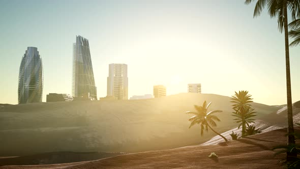 City Skyscrapes in Desert at Sunset