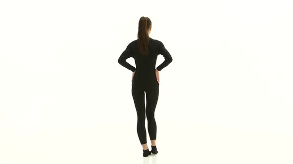 Woman Advertises Clothes. White Background. Back View