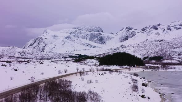 Road and Mountains in Winter. Lofoten Islands, Norway. Aerial View