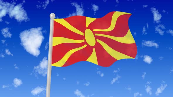 Flag Of North Macedonia Flaying National Flag In The Sky