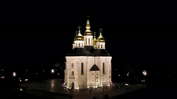 Catherine's Church With Golden Domes in Chernigiv at Night