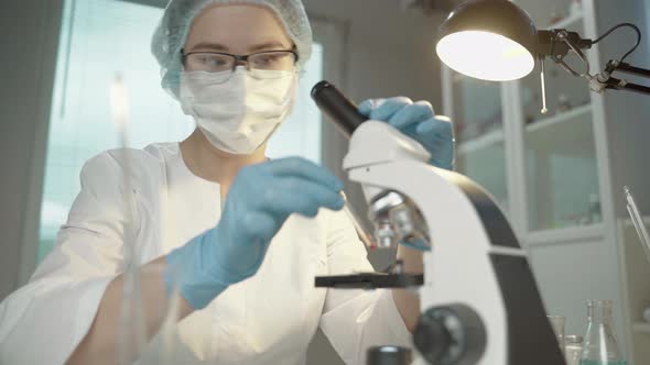 Female Doctor In Laboratory With Microscope And Chemical Test Tubes