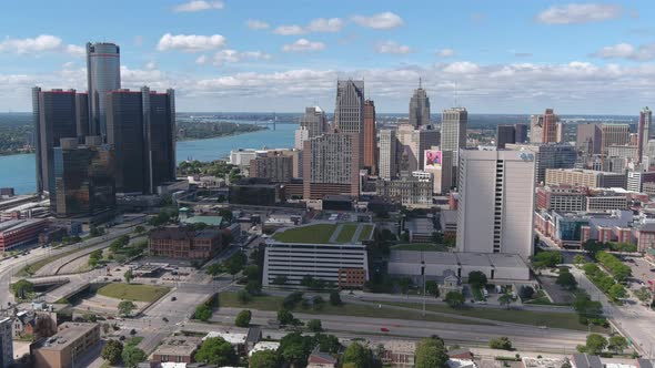 High angle aerial shot of downtown Detroit. This video was filmed in 4k for best image quality.