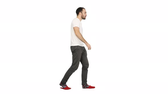 Sleepy Man Yawning and Walking on White Background.