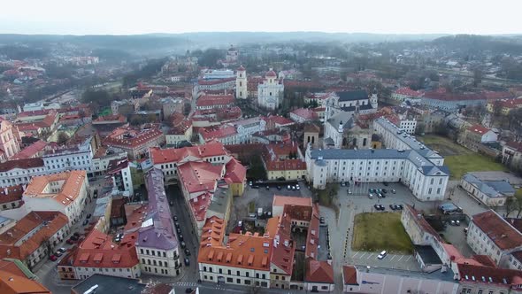 Flying over the old town of Vilnius, Lithuania